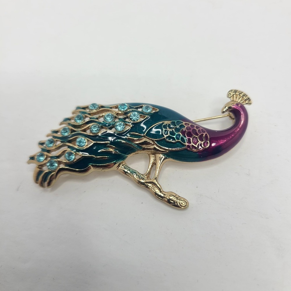 Vintage Signed Napier Peacock Brooch Green Purple Enamel Rhinestone Pin‎
